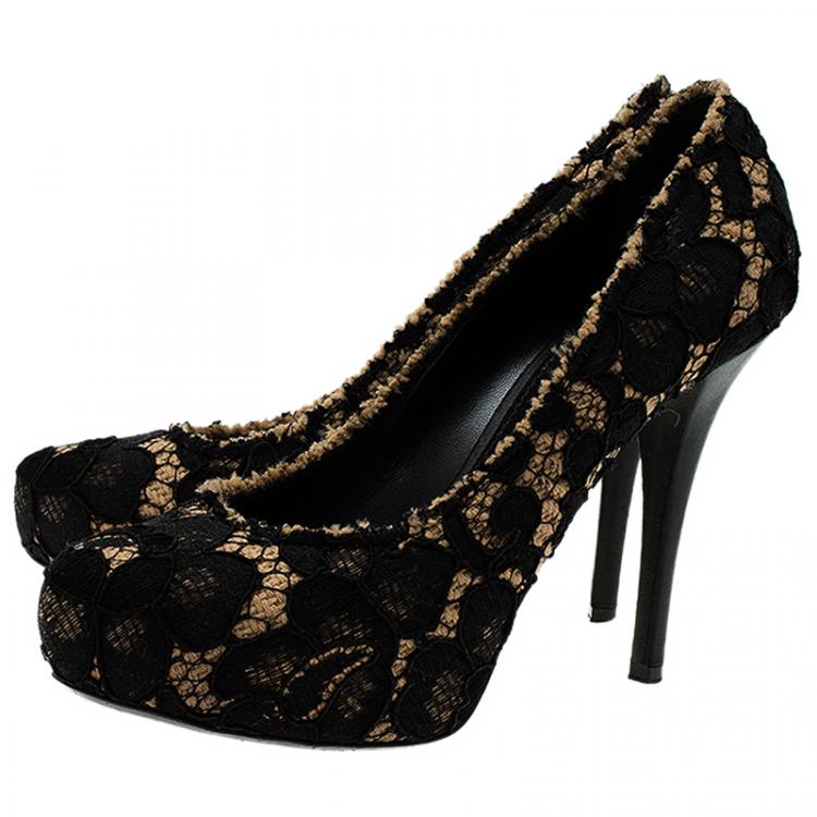 Pre Owned  Dolce and Gabbana Black Lace and Woven Hemp Pumps Size 40