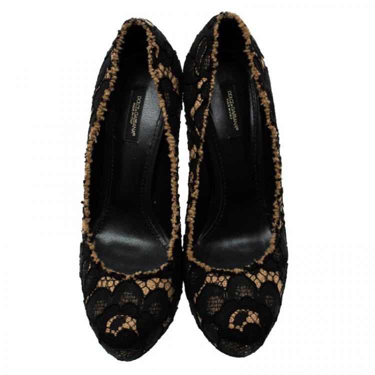 Pre Owned  Dolce and Gabbana Black Lace and Woven Hemp Pumps Size 40