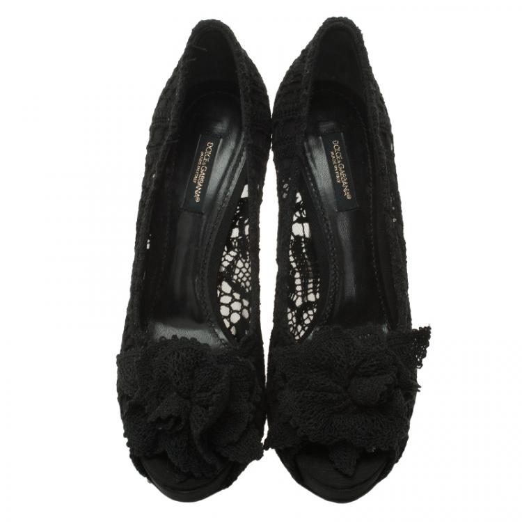 Pre Owned Dolce and Gabbana Black Rose Detail Lace Peep Toe Pumps Size 37.5