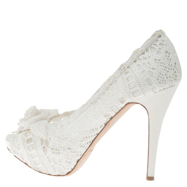 Pre Owned Dolce and Gabbana White Rose Detail Lace Peep Toe Pumps Size 37.5