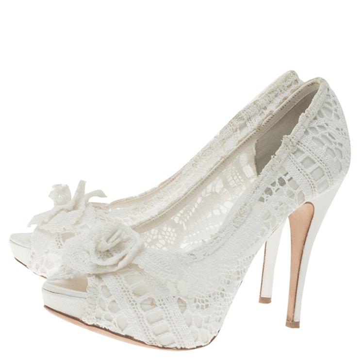 Pre Owned Dolce and Gabbana White Rose Detail Lace Peep Toe Pumps Size 37.5
