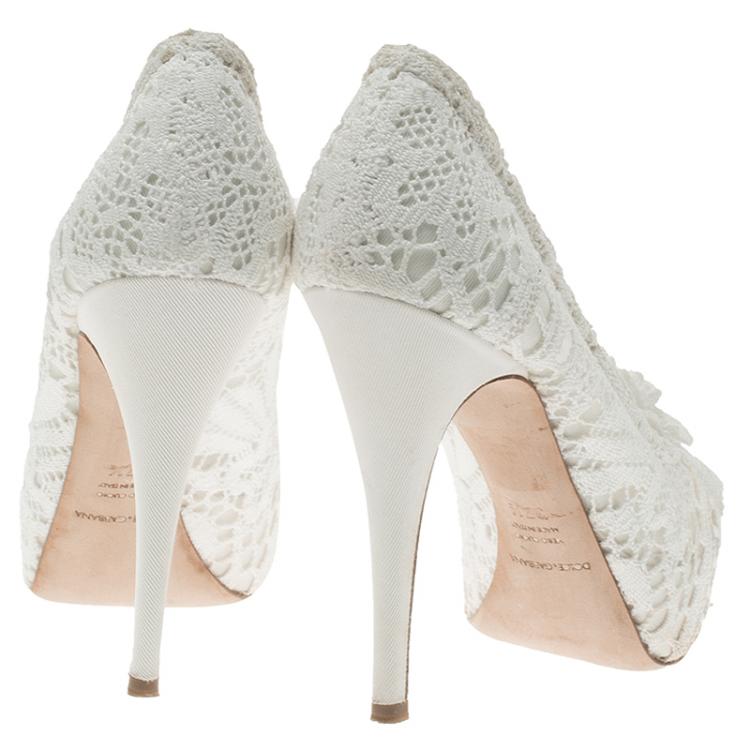 Pre Owned Dolce and Gabbana White Rose Detail Lace Peep Toe Pumps Size 37.5