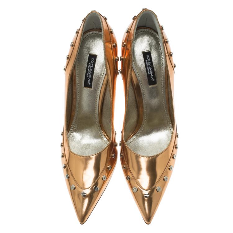 Pre Owned Dolce and Gabbana Orange Metallic Leather Pointed Toe Pumps Size 37