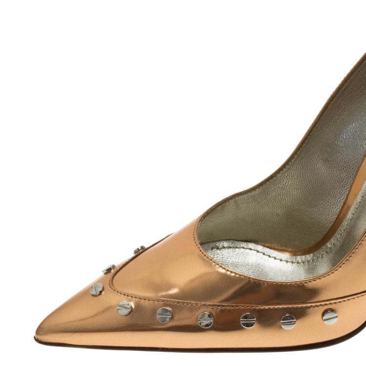Pre Owned Dolce and Gabbana Orange Metallic Leather Pointed Toe Pumps Size 37