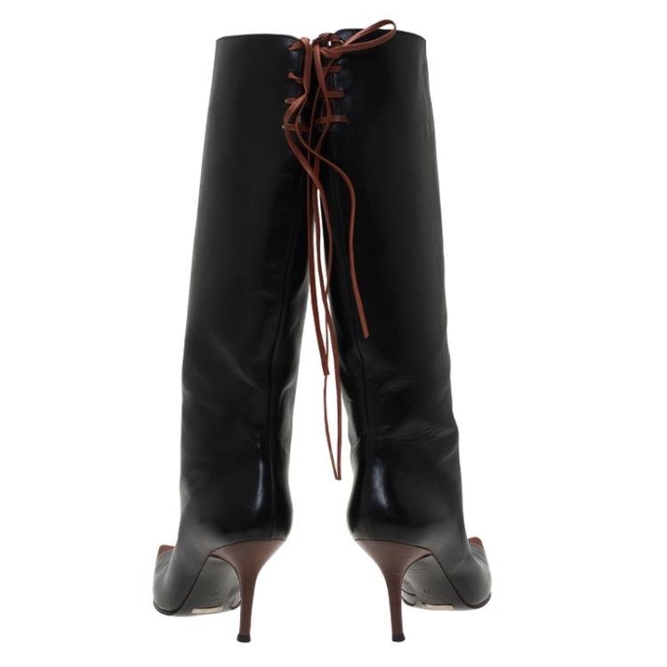 Pre Owned Dolce and Gabbana Black and Brown Leather Pointed Knee Boots Size 38