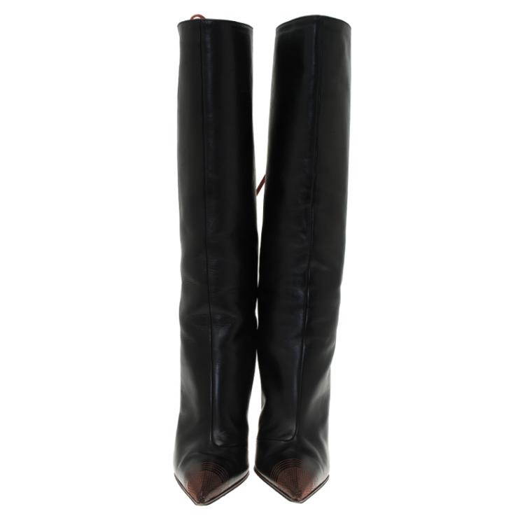 Pre Owned Dolce and Gabbana Black and Brown Leather Pointed Knee Boots Size 38