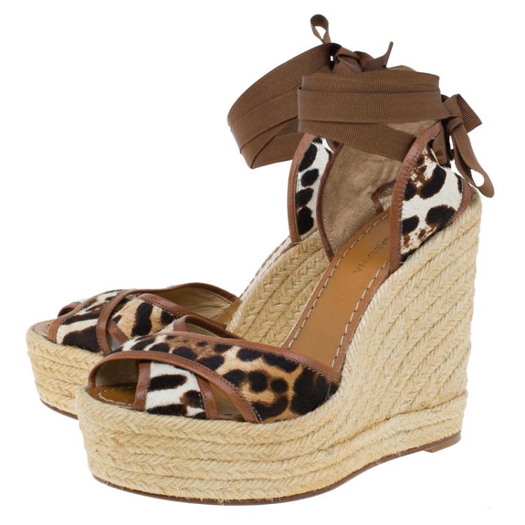 Pre Owned Dolce and Gabbana Leopard Pony Hair and Leather Ankle Wrap Espadrille Wedges Size 38