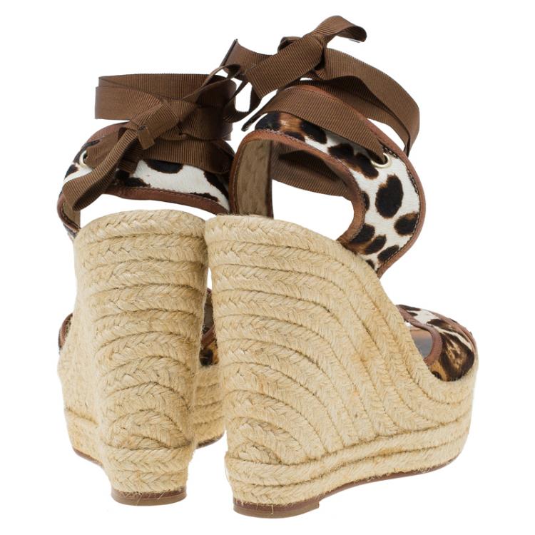 Pre Owned Dolce and Gabbana Leopard Pony Hair and Leather Ankle Wrap Espadrille Wedges Size 38