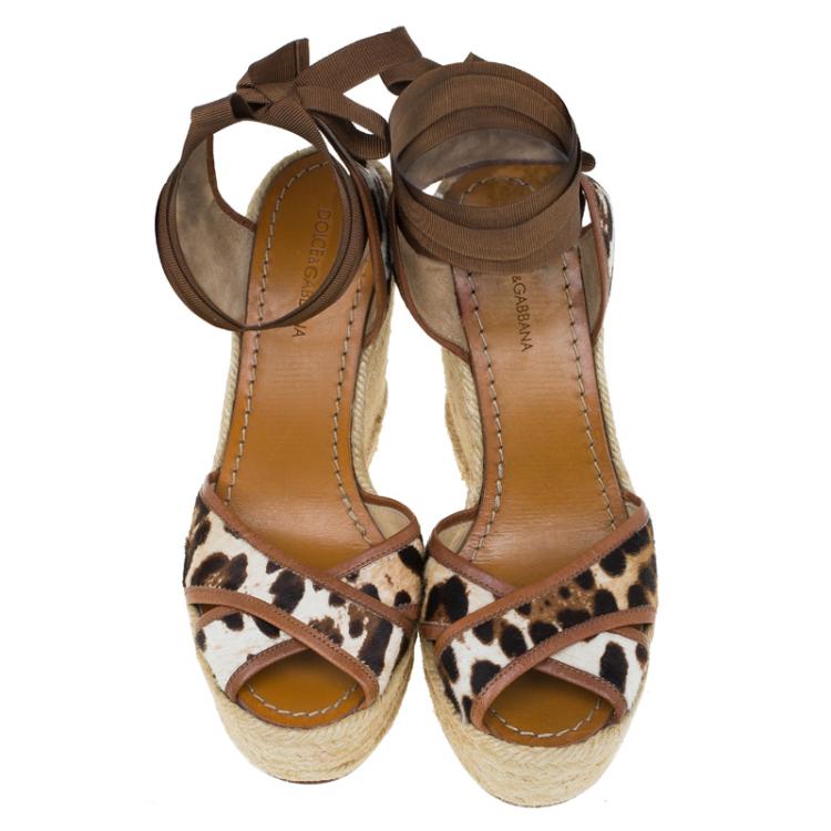 Pre Owned Dolce and Gabbana Leopard Pony Hair and Leather Ankle Wrap Espadrille Wedges Size 38