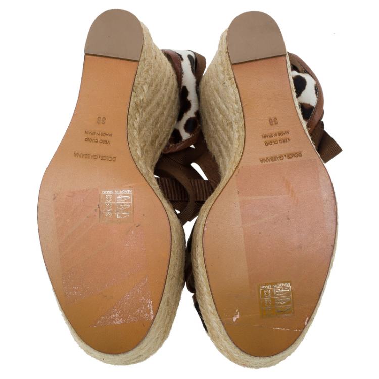 Pre Owned Dolce and Gabbana Leopard Pony Hair and Leather Ankle Wrap Espadrille Wedges Size 38