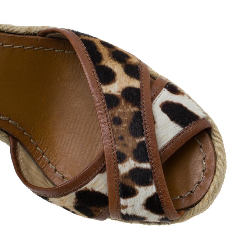 Pre Owned Dolce and Gabbana Leopard Pony Hair and Leather Ankle Wrap Espadrille Wedges Size 38