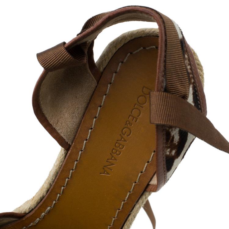 Pre Owned Dolce and Gabbana Leopard Pony Hair and Leather Ankle Wrap Espadrille Wedges Size 38