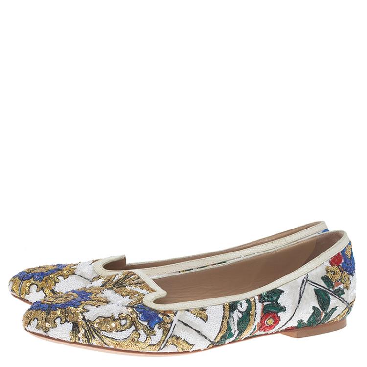 Pre Owned Dolce and Gabbana Multicolor Sequins Smoking Slippers Size 37.5