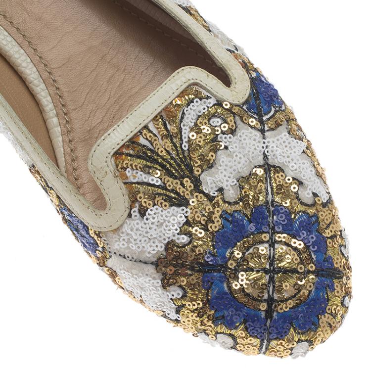 Pre Owned Dolce and Gabbana Multicolor Sequins Smoking Slippers Size 37.5