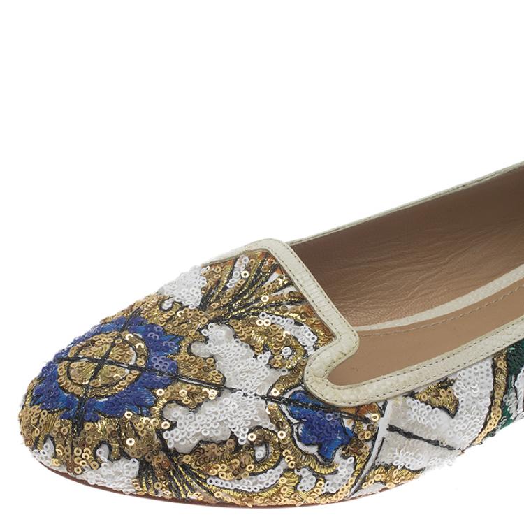 Pre Owned Dolce and Gabbana Multicolor Sequins Smoking Slippers Size 37.5