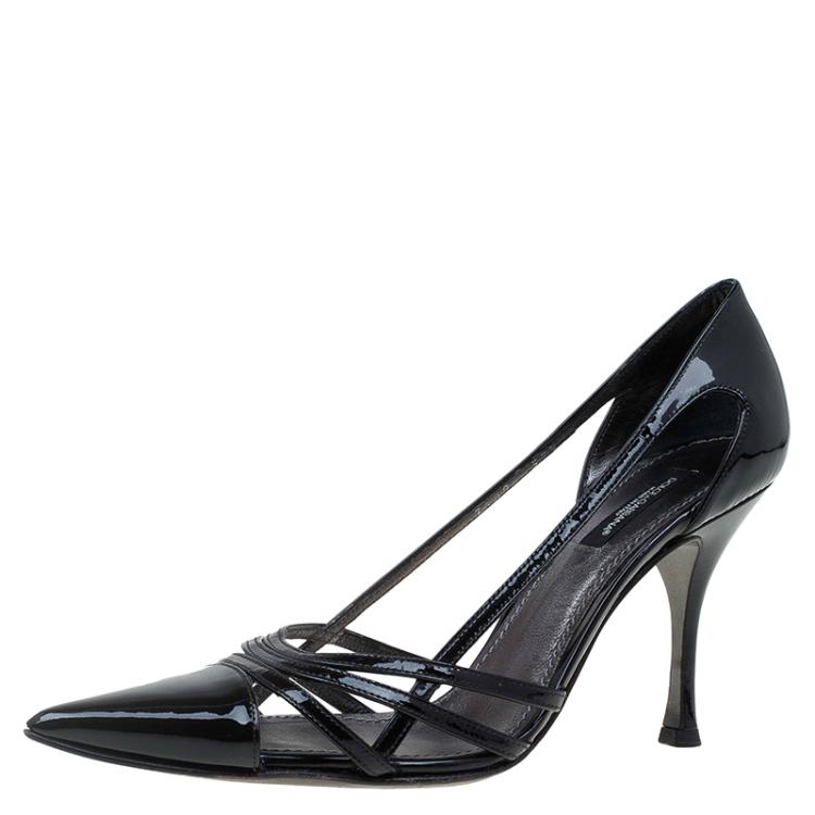 Pre Owned Dolce and Gabbana Black Patent Cutout Pointed Toe Pumps Size 37.5