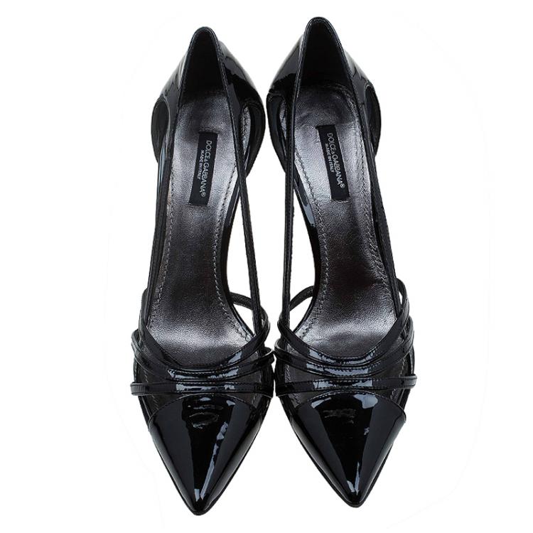Pre Owned Dolce and Gabbana Black Patent Cutout Pointed Toe Pumps Size 37.5