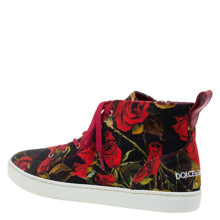 Pre Owned Dolce and Gabbana Red Canvas Floral Print High Top Sneakers Size 38