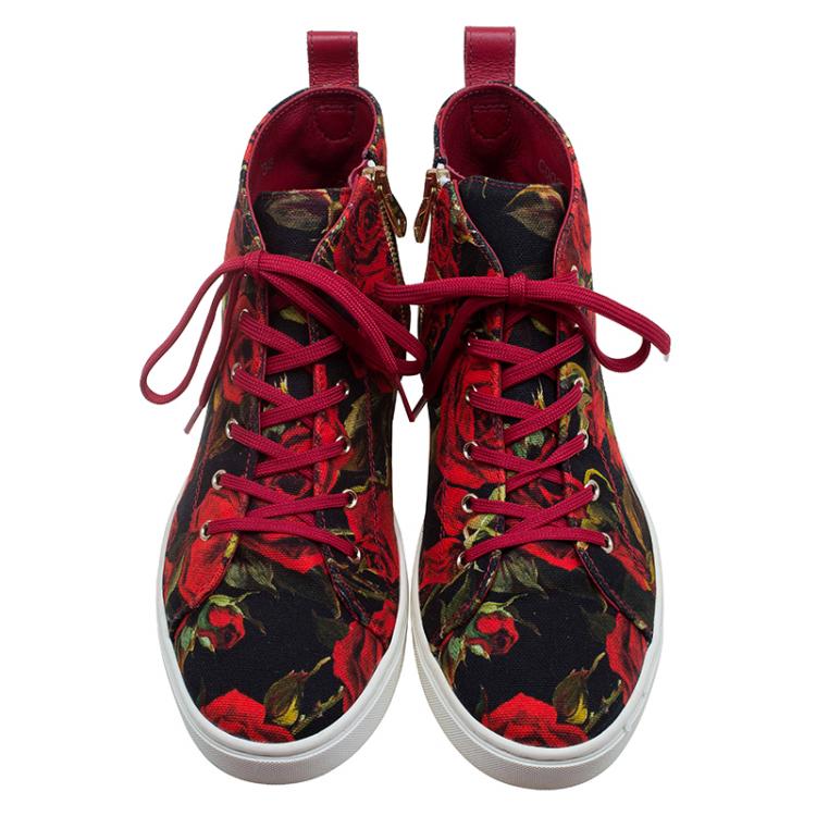 Pre Owned Dolce and Gabbana Red Canvas Floral Print High Top Sneakers Size 38