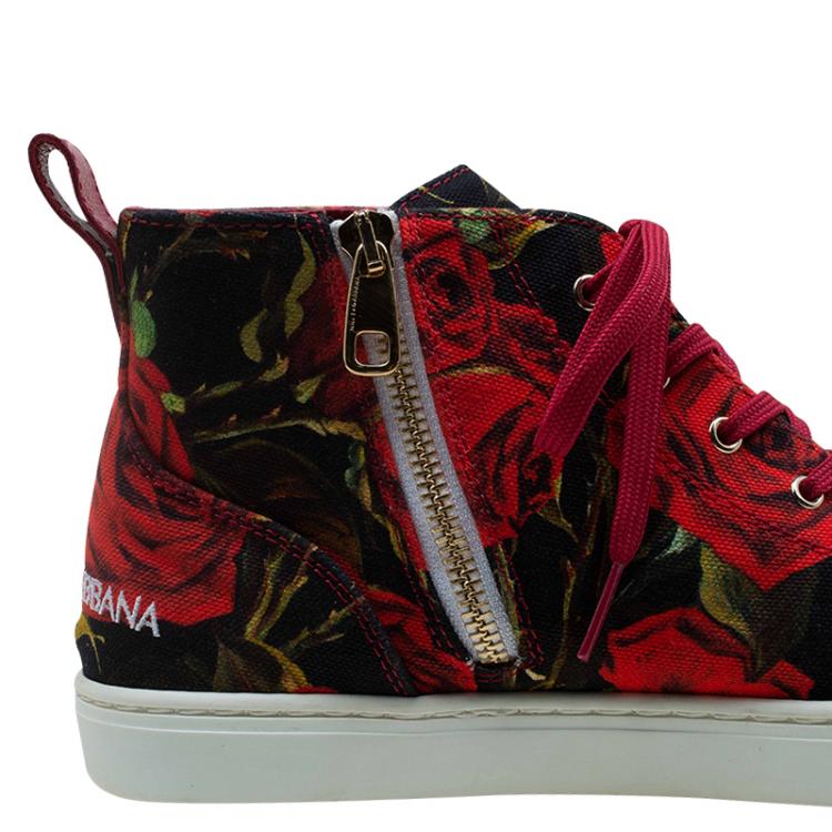 Pre Owned Dolce and Gabbana Red Canvas Floral Print High Top Sneakers Size 38