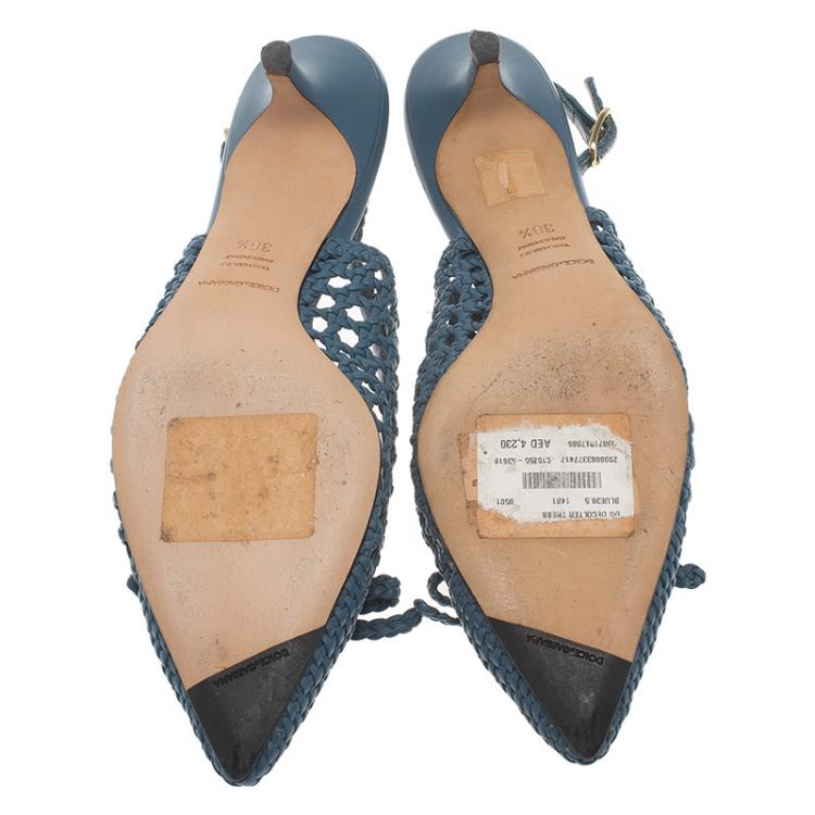 Pre Owned Dolce and Gabbana Blue Woven Leather Bellucci Slingback Sandals Size 38.5