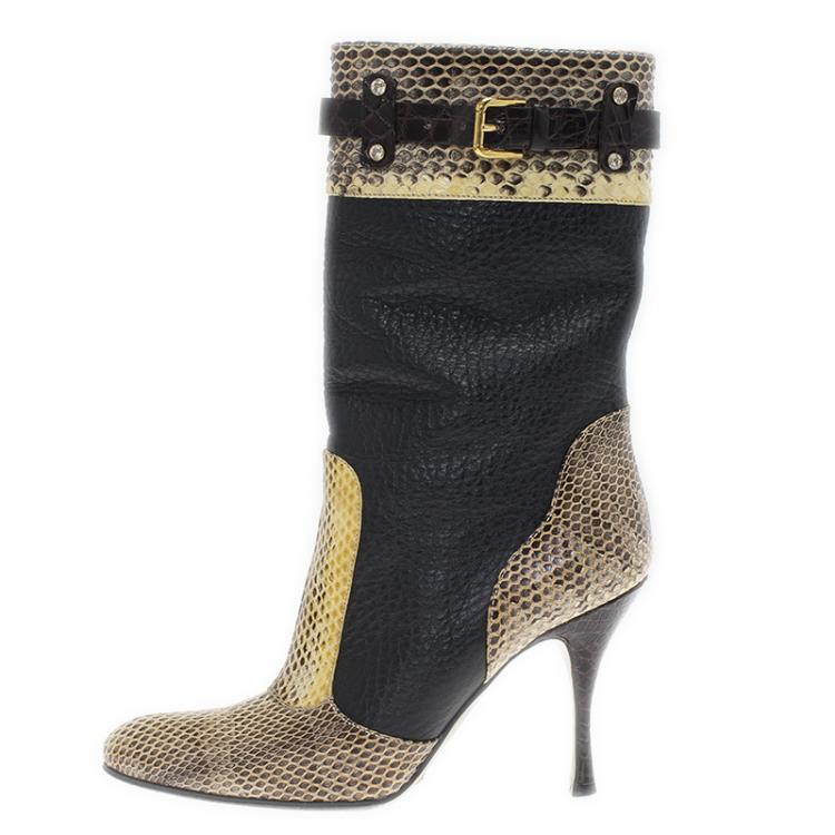 Pre Owned Dolce and Gabbana Black Leather and Beige Python Mid Calf Boots Size 37