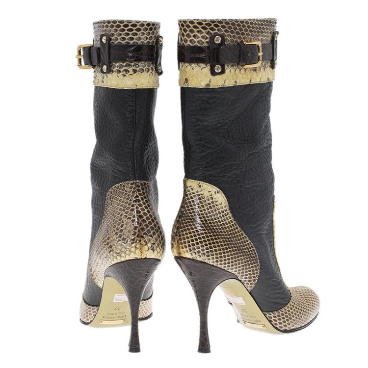 Pre Owned Dolce and Gabbana Black Leather and Beige Python Mid Calf Boots Size 37