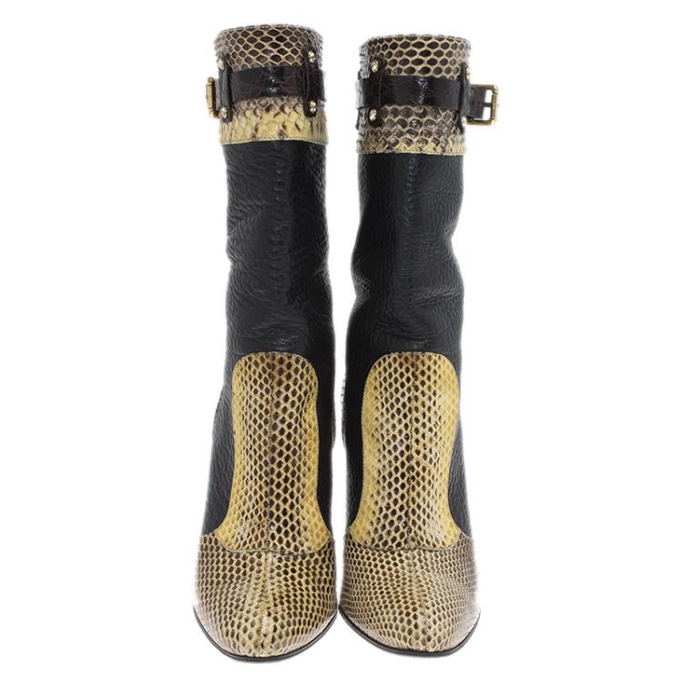 Pre Owned Dolce and Gabbana Black Leather and Beige Python Mid Calf Boots Size 37
