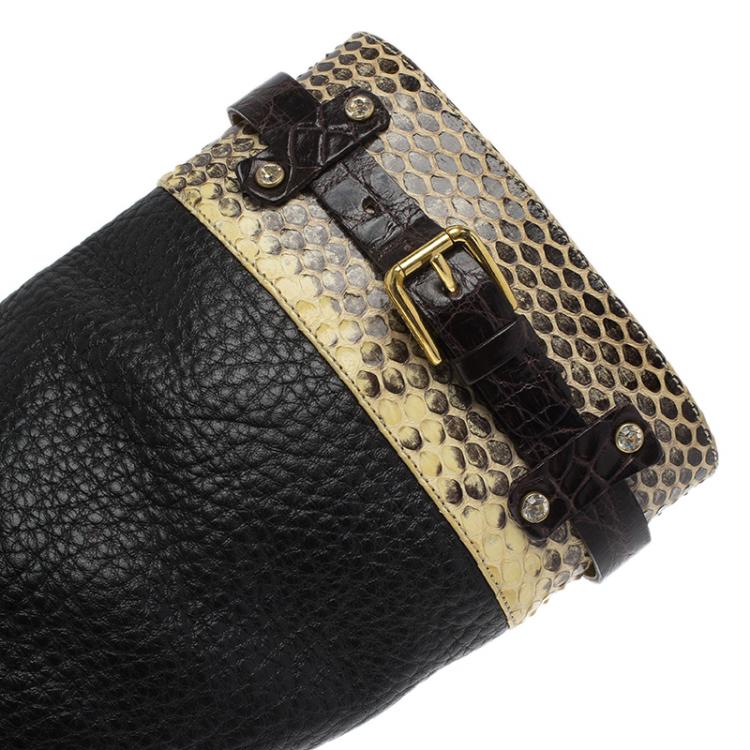 Pre Owned Dolce and Gabbana Black Leather and Beige Python Mid Calf Boots Size 37