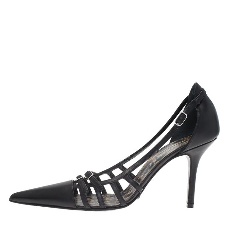 Pre Owned Dolce and Gabbana Black Cutout Leather Pointed Pumps Size 37