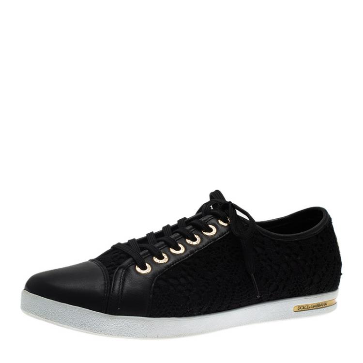 Pre Owned Dolce and Gabbana Black Leather and Lace Cap Toe Sneakers Size 39