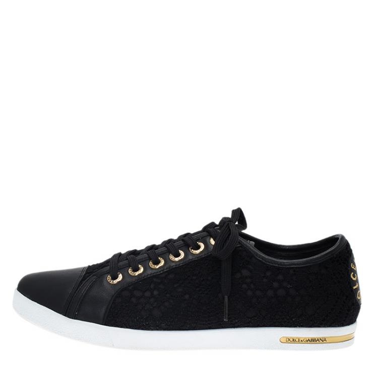 Pre Owned Dolce and Gabbana Black Leather and Lace Cap Toe Sneakers Size 39