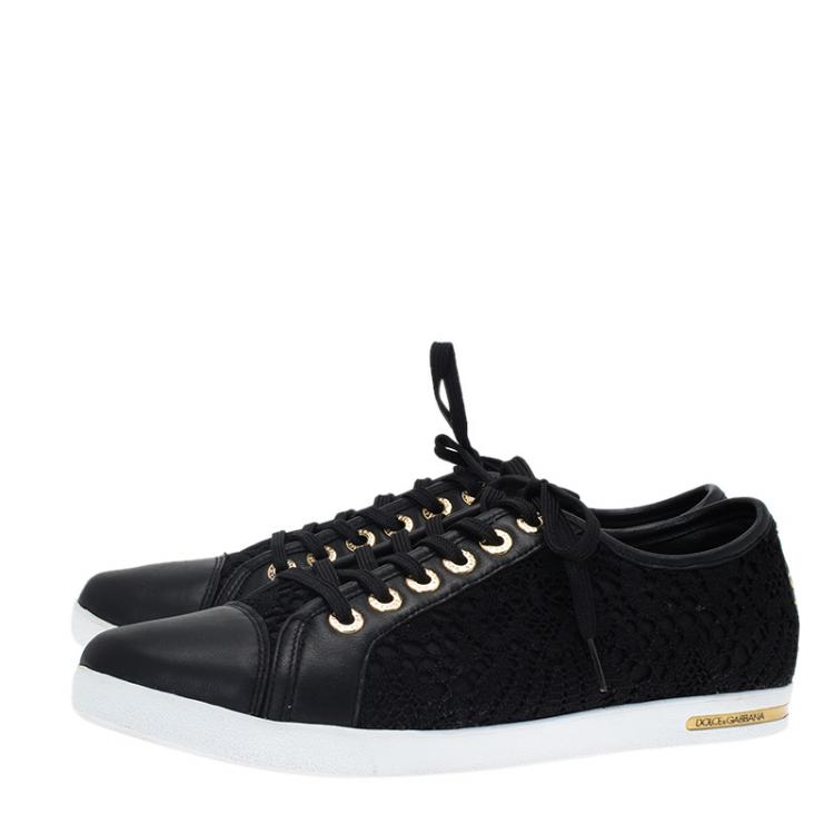 Pre Owned Dolce and Gabbana Black Leather and Lace Cap Toe Sneakers Size 39