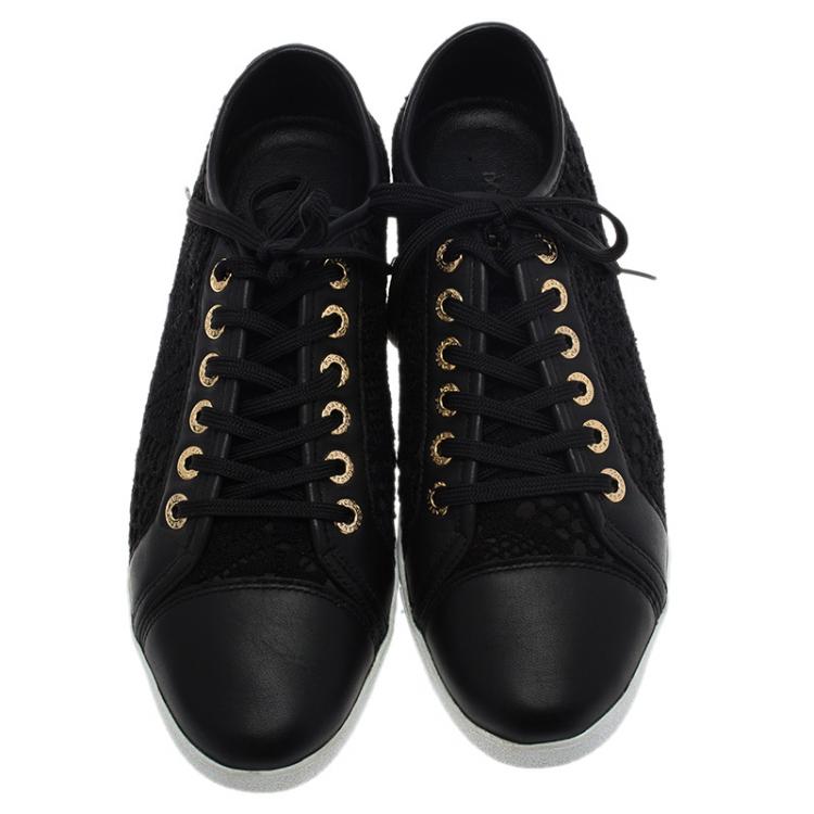Pre Owned Dolce and Gabbana Black Leather and Lace Cap Toe Sneakers Size 39