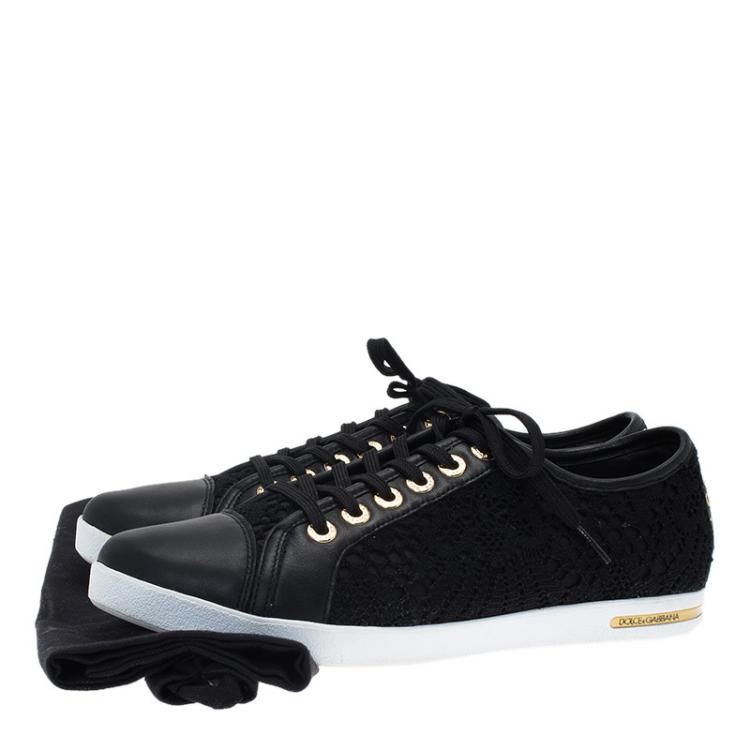 Pre Owned Dolce and Gabbana Black Leather and Lace Cap Toe Sneakers Size 39