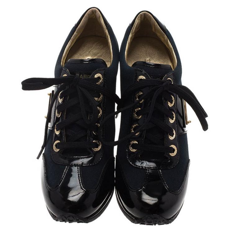 Pre Owned Dolce and Gabbana Black Patent Leather and Navy Blue Canvas Wedge Sneakers Size 36