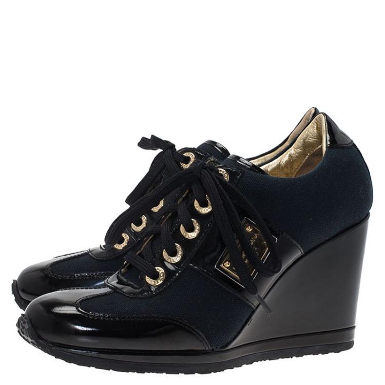 Pre Owned Dolce and Gabbana Black Patent Leather and Navy Blue Canvas Wedge Sneakers Size 36