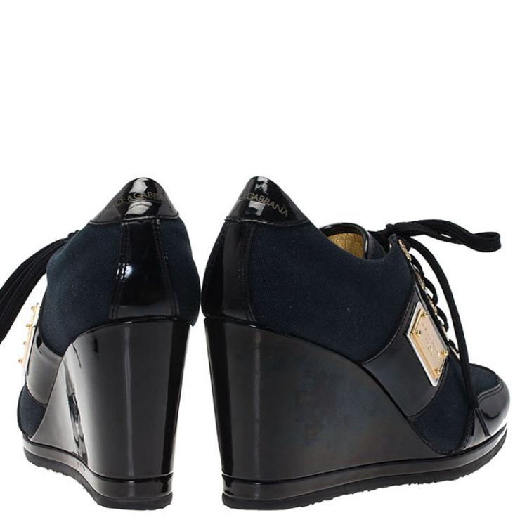 Pre Owned Dolce and Gabbana Black Patent Leather and Navy Blue Canvas Wedge Sneakers Size 36