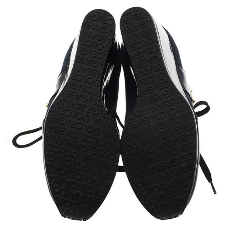 Pre Owned Dolce and Gabbana Black Patent Leather and Navy Blue Canvas Wedge Sneakers Size 36