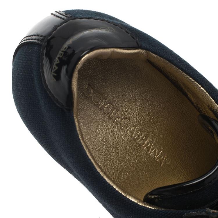 Pre Owned Dolce and Gabbana Black Patent Leather and Navy Blue Canvas Wedge Sneakers Size 36