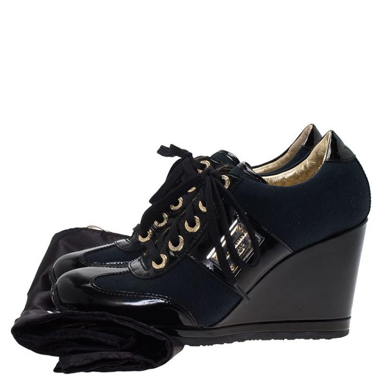Pre Owned Dolce and Gabbana Black Patent Leather and Navy Blue Canvas Wedge Sneakers Size 36