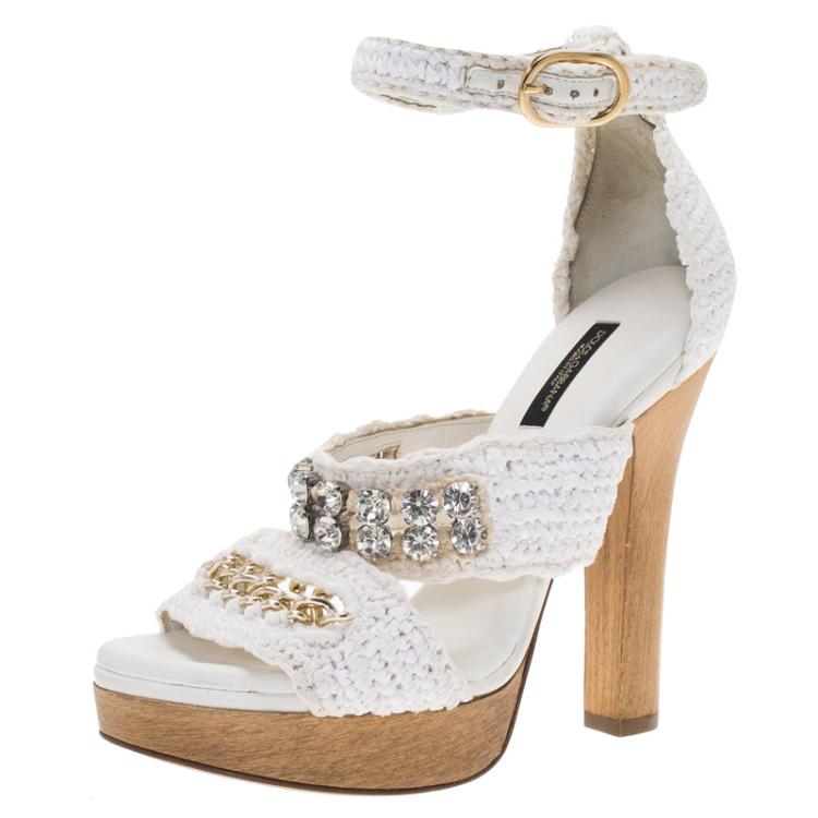 Pre Owned Dolce and Gabanna White Raffia and Fabric Woven Embellished Ankle Strap Platform Sandals Size 37