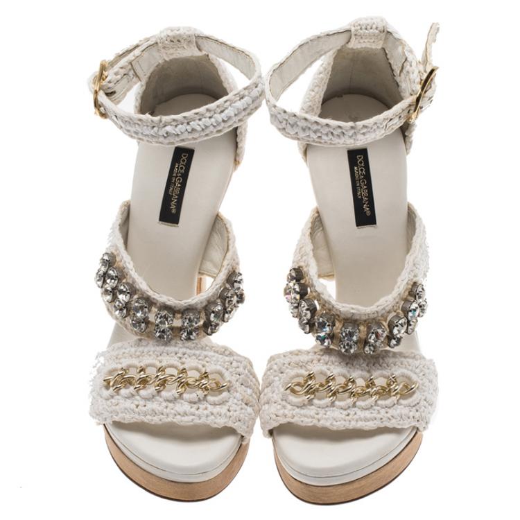 Pre Owned Dolce and Gabanna White Raffia and Fabric Woven Embellished Ankle Strap Platform Sandals Size 37