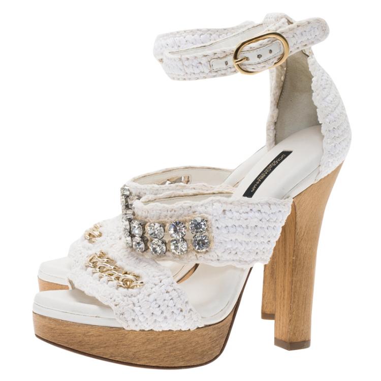 Pre Owned Dolce and Gabanna White Raffia and Fabric Woven Embellished Ankle Strap Platform Sandals Size 37