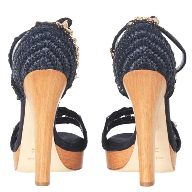 Pre Owned Dolce and Gabbana Blue Embellished Raffia Ankle Strap Platform Sandals Size 40