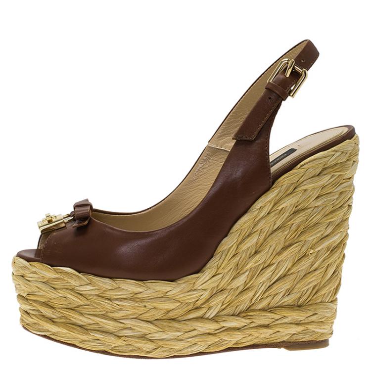 Pre Owned Dolce and Gabbana Brown Leather Bow Espadrille Slingback Platform Wedge Sandals Size 35