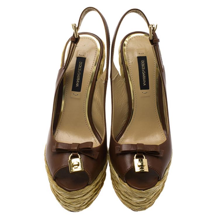 Pre Owned Dolce and Gabbana Brown Leather Bow Espadrille Slingback Platform Wedge Sandals Size 35