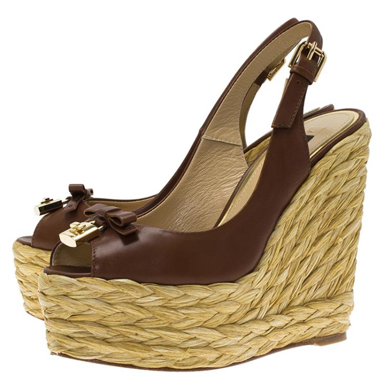 Pre Owned Dolce and Gabbana Brown Leather Bow Espadrille Slingback Platform Wedge Sandals Size 35