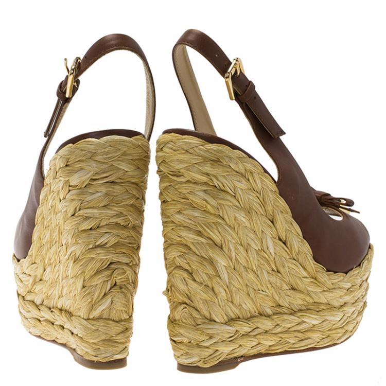 Pre Owned Dolce and Gabbana Brown Leather Bow Espadrille Slingback Platform Wedge Sandals Size 35
