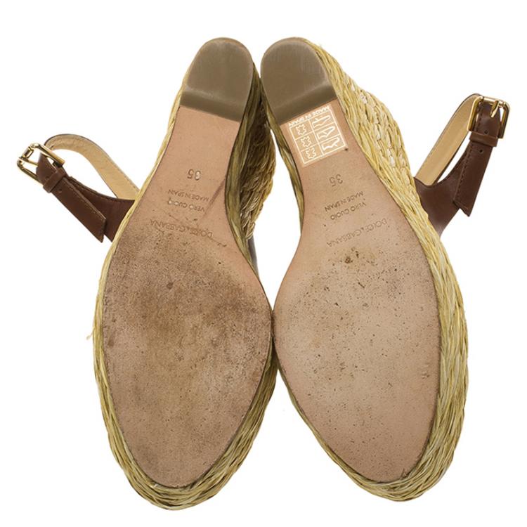 Pre Owned Dolce and Gabbana Brown Leather Bow Espadrille Slingback Platform Wedge Sandals Size 35